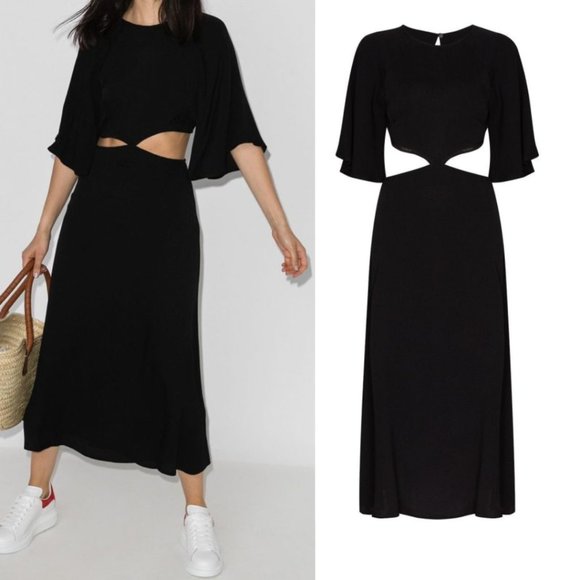 Reformation Benny Cut-out Waist Midi Dress Black Flared Flounce Sleeves Sz 12 - Picture 1 of 11
